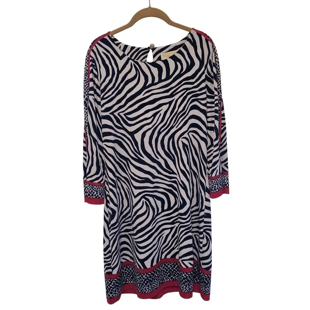 Michael Kors‎ Zebra Print Shift Dress Black White Red 3/4 Sleeve Large L